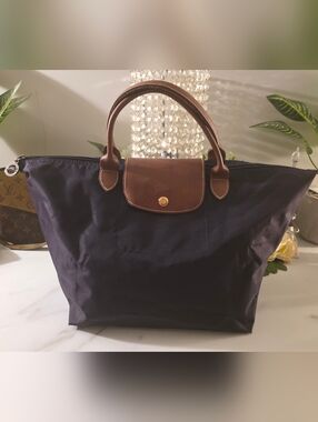 Longchamp Navy Tote with Brown Leather Trim